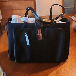 DKNY City Fabric Medium Travel Tote Tablet Bag Purse, Black & Silver Closure